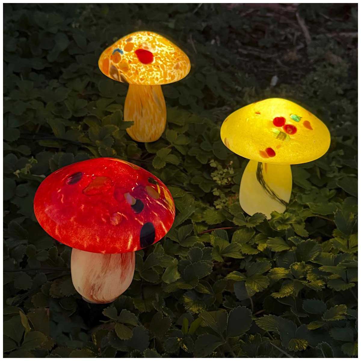 Infinity X1 Solar Landscape Light Glass Mushroom 3 Pack - Hand Blown Artisan Glass, Solar Rechargeable, 5 Lumen Output