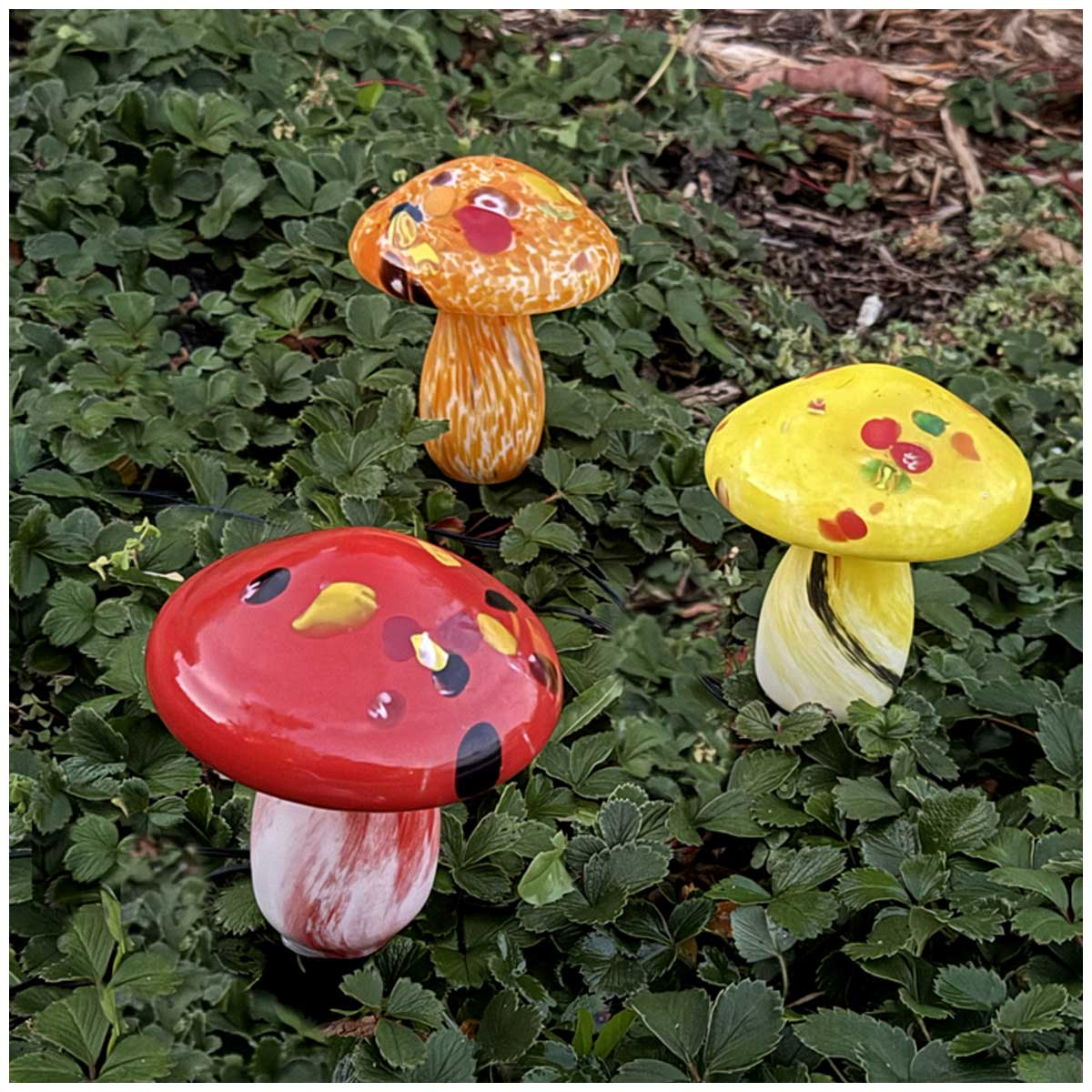 Infinity X1 Solar Landscape Light Glass Mushroom 3 Pack - Hand Blown Artisan Glass, Solar Rechargeable, 5 Lumen Output