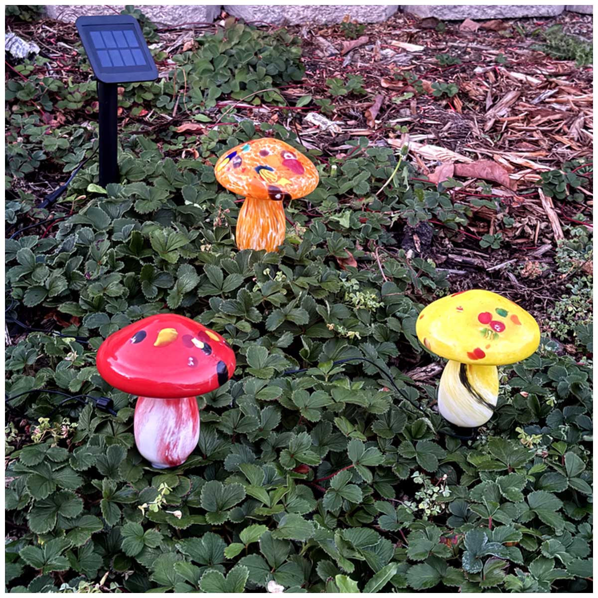 Infinity X1 Solar Landscape Light Glass Mushroom 3 Pack - Hand Blown Artisan Glass, Solar Rechargeable, 5 Lumen Output