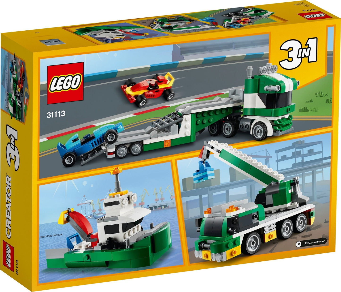 LEGO 31113 Race Car Transporter: Truck, Crane & Tugboat 3in1