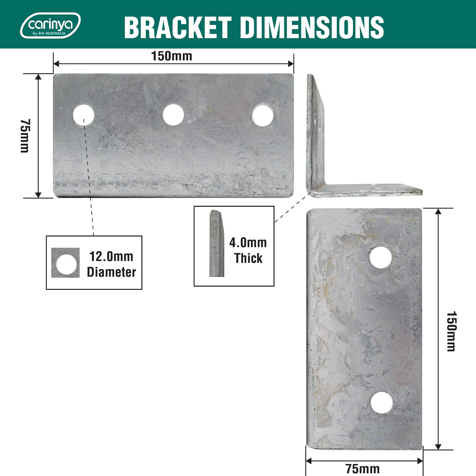 Carinya 75 x 75 x 150 x 4mm Galvanised Steel Reinforcing Angle Bracket