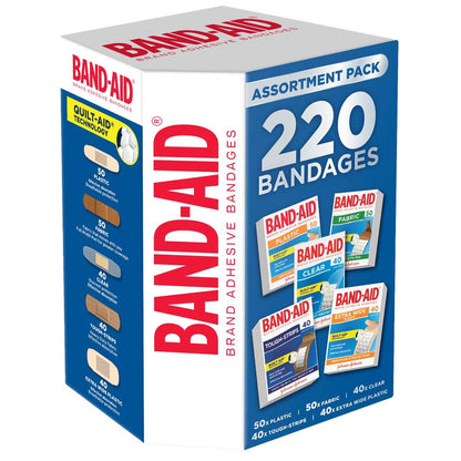 Band-Aid Assortment 220 Pack - Plastic, Extra Wide, Fabric, Tough, Clear Strips with Quilt-Aid Technology