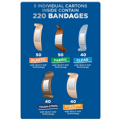 Band-Aid Assortment 220 Pack - Plastic, Extra Wide, Fabric, Tough, Clear Strips with Quilt-Aid Technology