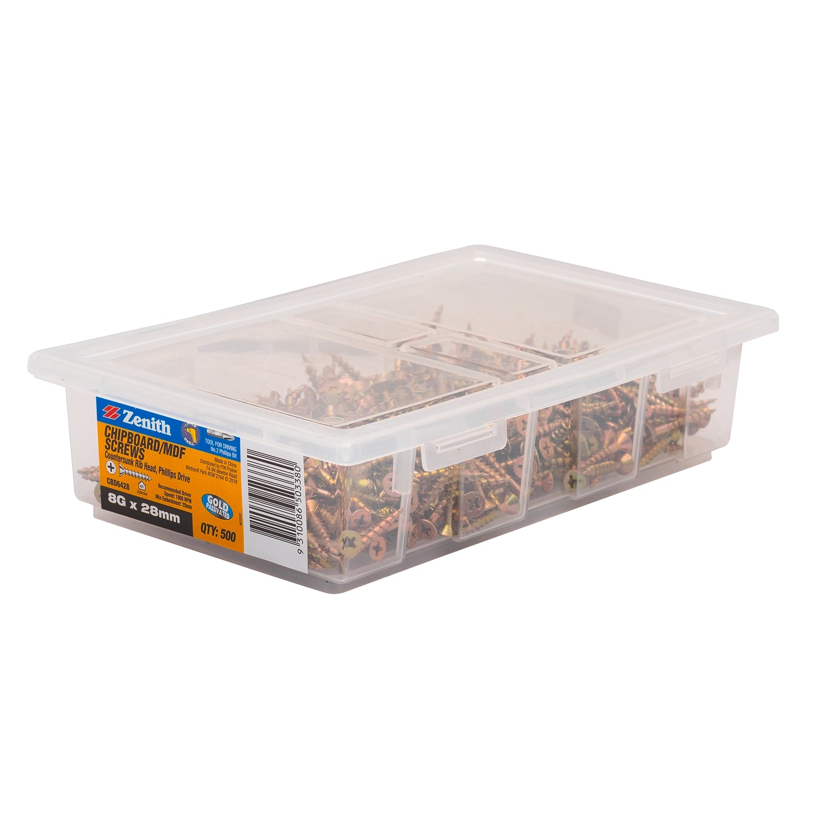 Zenith 8G x 28mm Gold Passivated Countersunk Rib Head Chipboard Screws 500 Pack