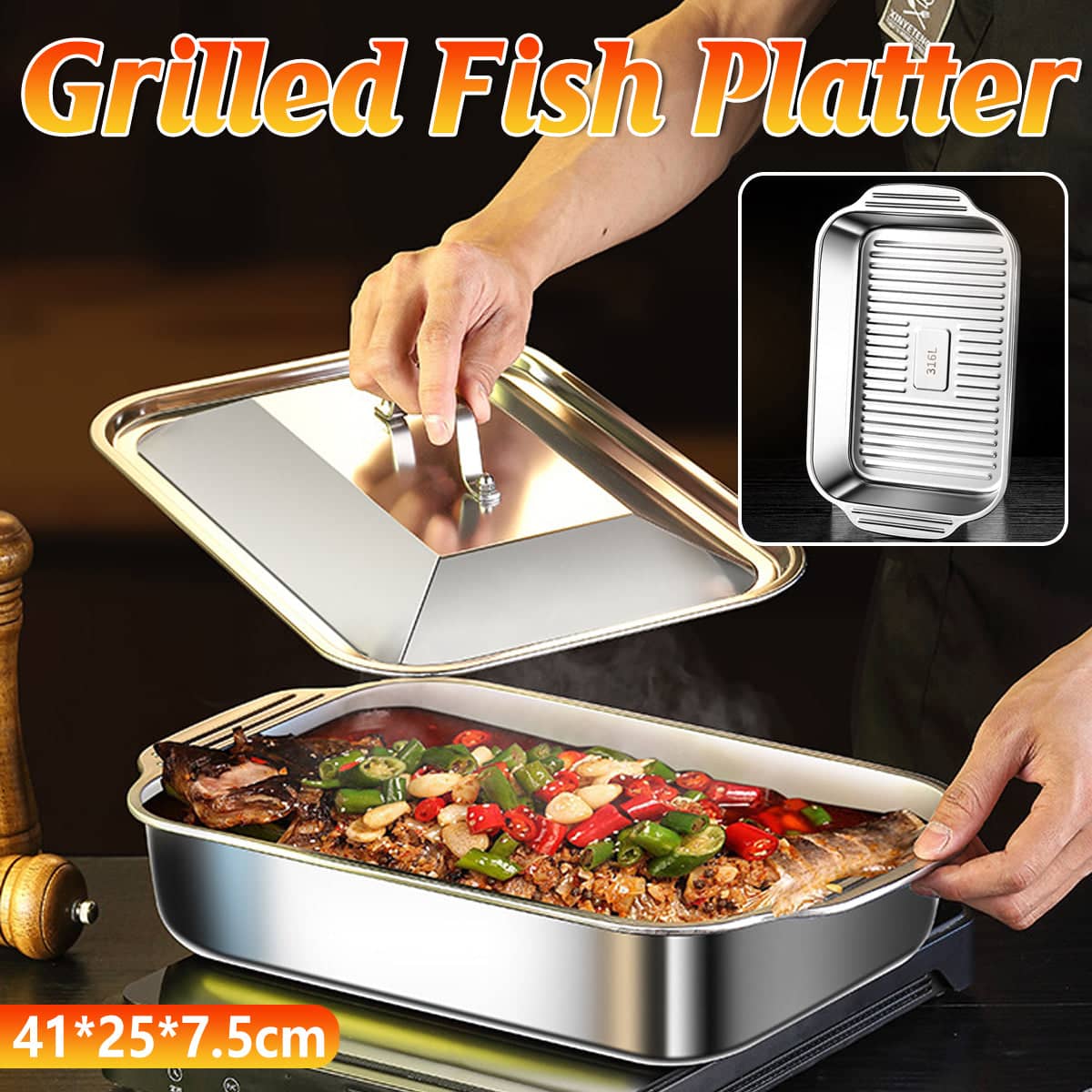 316 Stainless Steel Fish Grilling Tray with Lid, 41 x 25 x 7.5 cm
