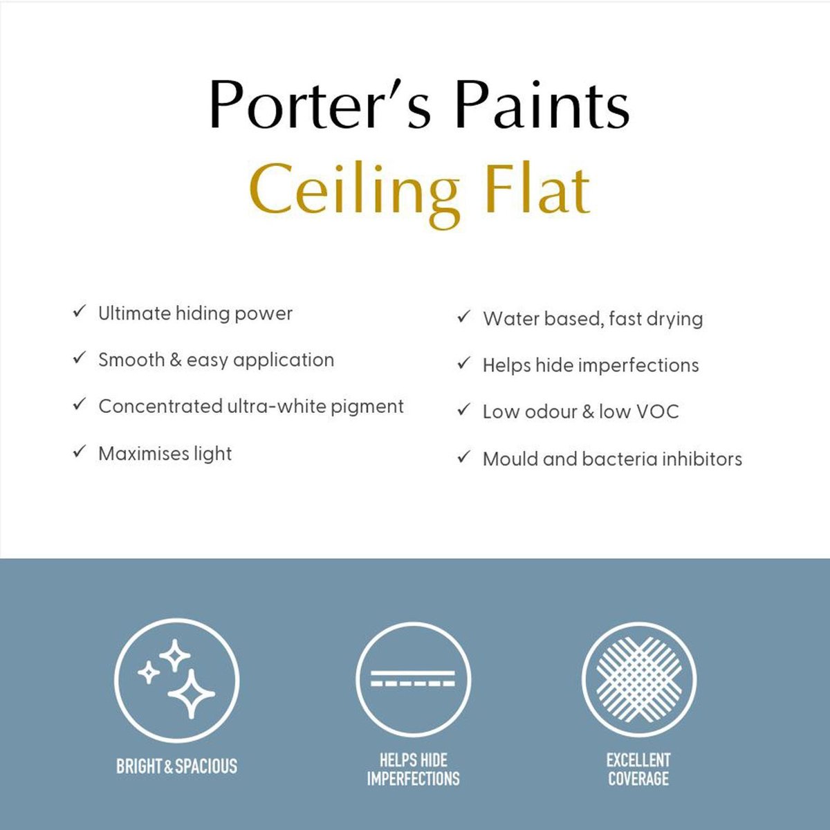 Porter S Flat Ceiling Paint - 4L - 199mm x 191mm x 178mm - White - Excellent Coverage - SuperSaverAU - view 2