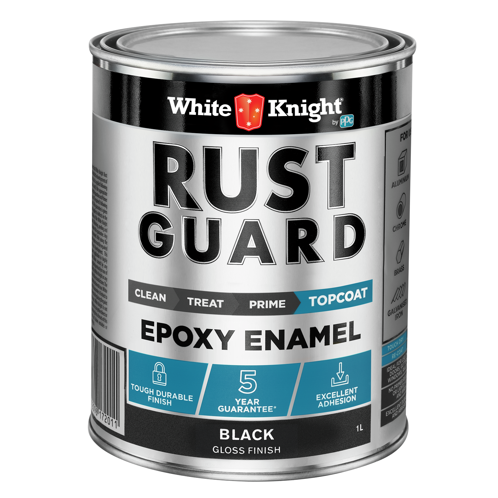White Knight Rust Guard Epoxy Enamel Paint 1L - Black Gloss, Solvent Based Metal Paint