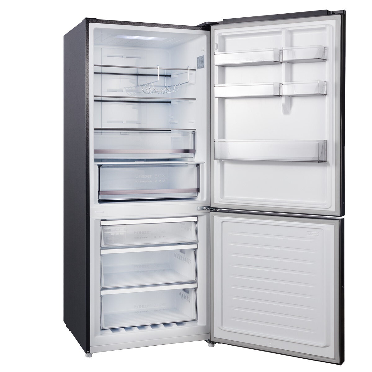 CHiQ 396L bottom mount fridge - black finish, humidity control crispers, 6 star rating - CBM395NBS6E