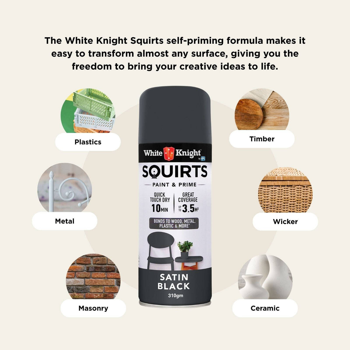 White Knight Squirts 310g Black Satin Spray Paint - Indoor/Outdoor