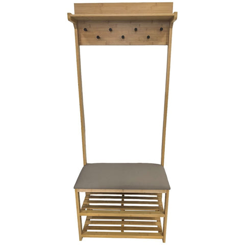 L.T. Williams Bamboo Hall Stand - Grey PU Bench Seat - Coat Rack and Shoe Storage - 9922
