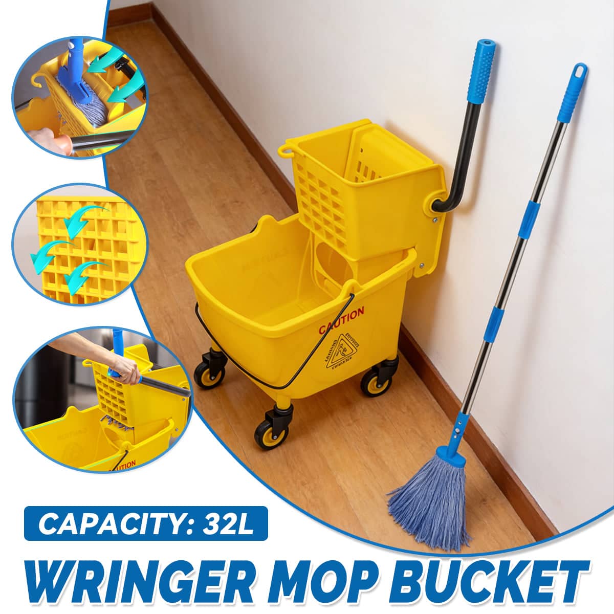 32 Litre Wringer Mop Bucket and Mop Set with Sturdy PP Material for Home Floor Cleaning