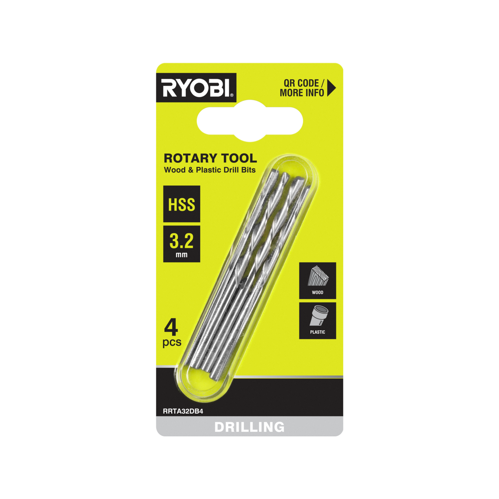 Ryobi 3.2mm Rotary Tool Wood & Plastic Drill Bit - 4 Pack