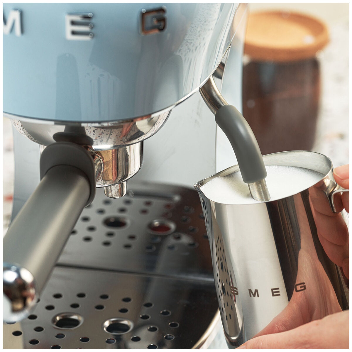 Smeg 50s Style Espresso Coffee Machine - 15 Bar, ThermoBlock, Steam Wand, Pastel Blue - ECF02PBAU