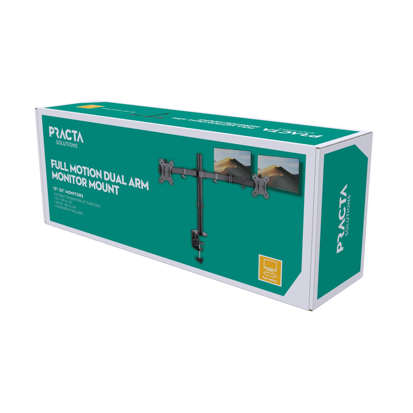Practa Full Motion Dual Arm Monitor Mount PRMMD 13-32 inch Black Steel, Clamp or Grommet Fit