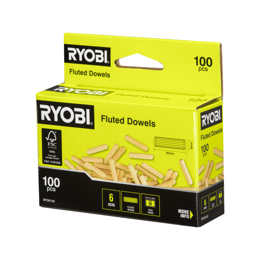 Ryobi 6mm Fluted Dowel 100 Pack - Timber - Strong Joints - Tapered Ends - SuperSaverAU - view 1