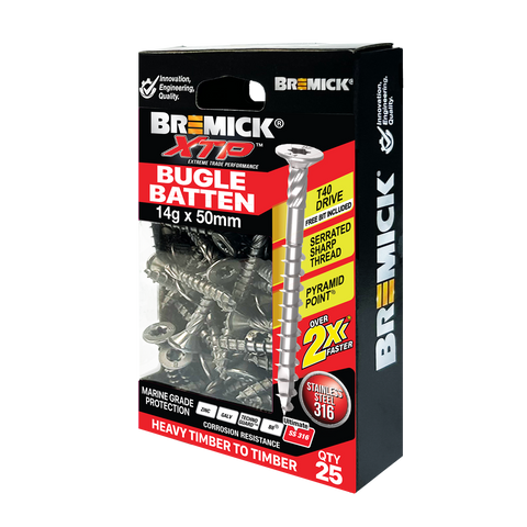 Bremick XTP 14g x 50mm Stainless Steel 316 T40 Bugle Batten Screws 25 Pack