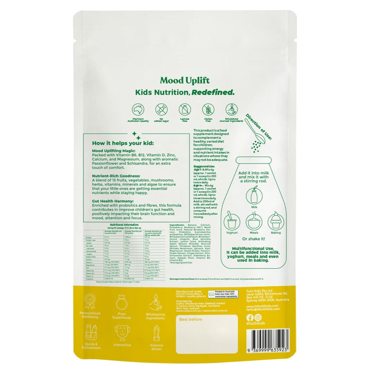 Tutti Kids Mood Uplift 150g – Blueberry-Flavored Probiotic Superfood Powder for Mood & Gut Health