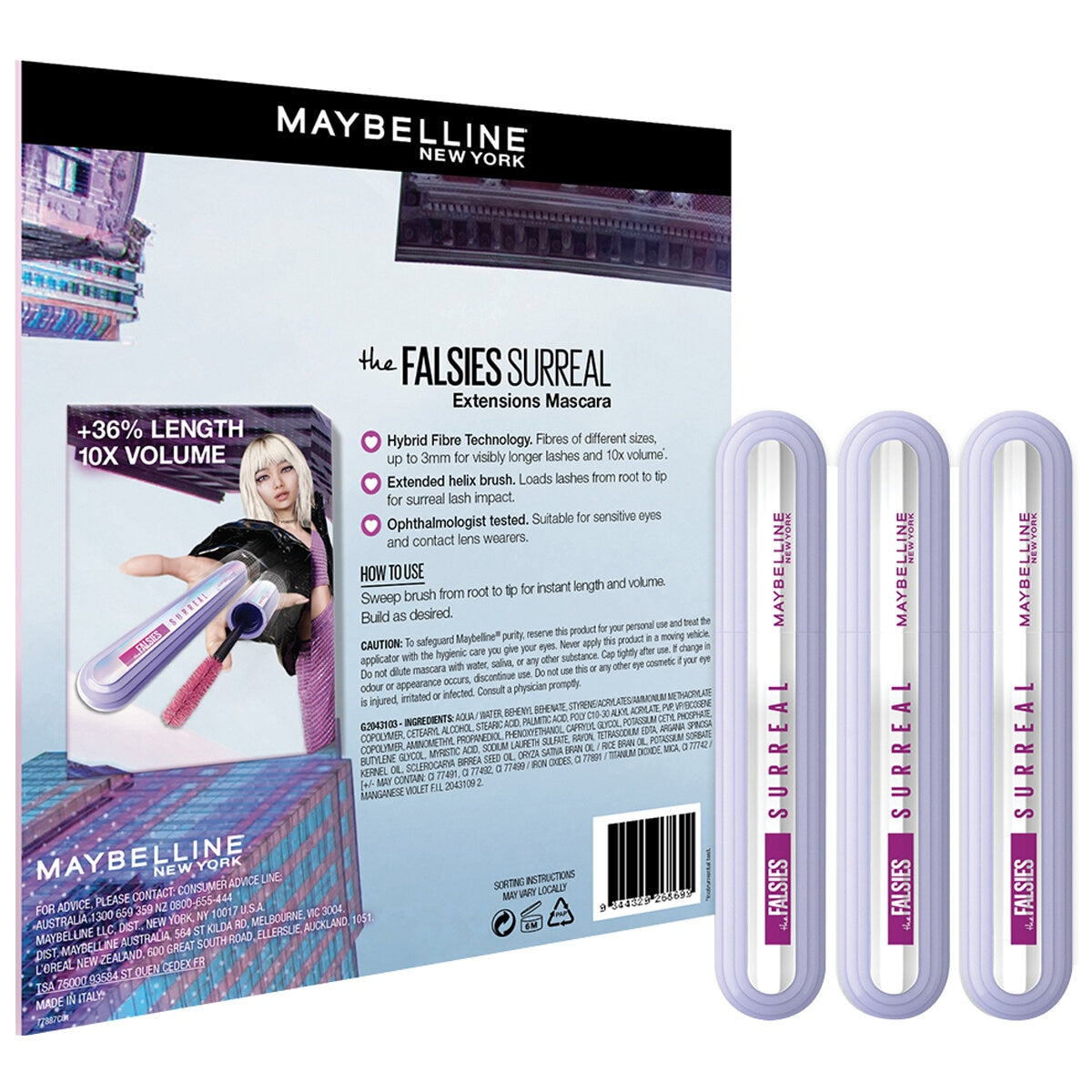Maybelline Falsies Surreal Extensions Mascara +36% Length 10x Volume Hybrid Fiber Technology Helix Brush 24H Wear