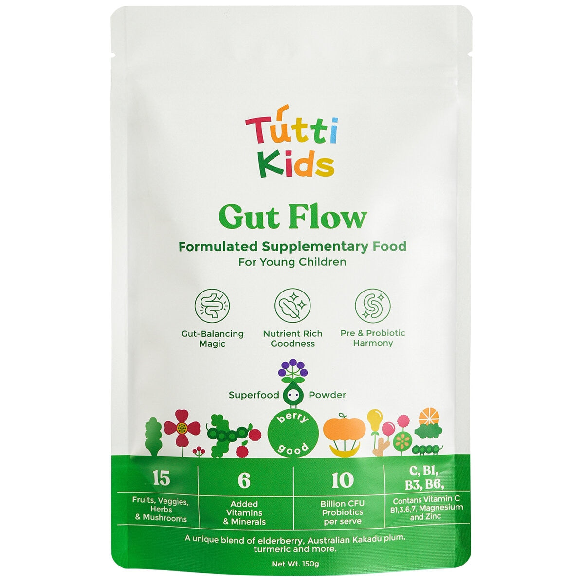 Tutti Kids Gut Flow 150g – Berry-Flavored Probiotic Superfood Powder for Gut Health & Immunity - SuperSaverAU - view 1
