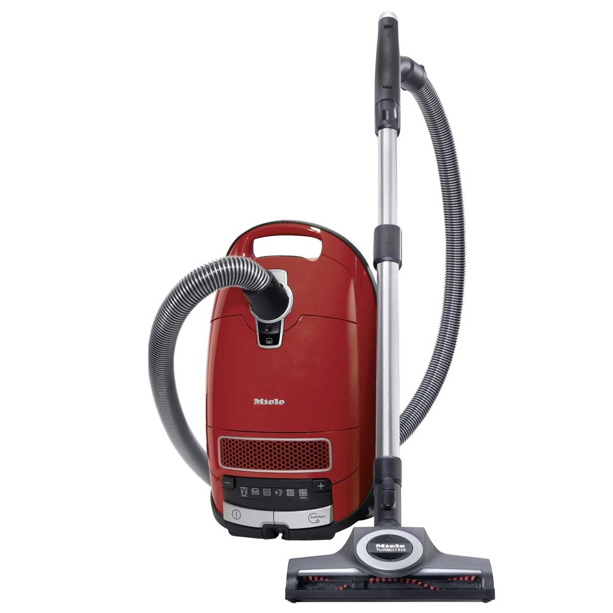 Miele C3 Cat And Dog Powerline Vacuum in red color with a cylinder shape, eco motor, HEPA filter, and TurboTeq floorhead.