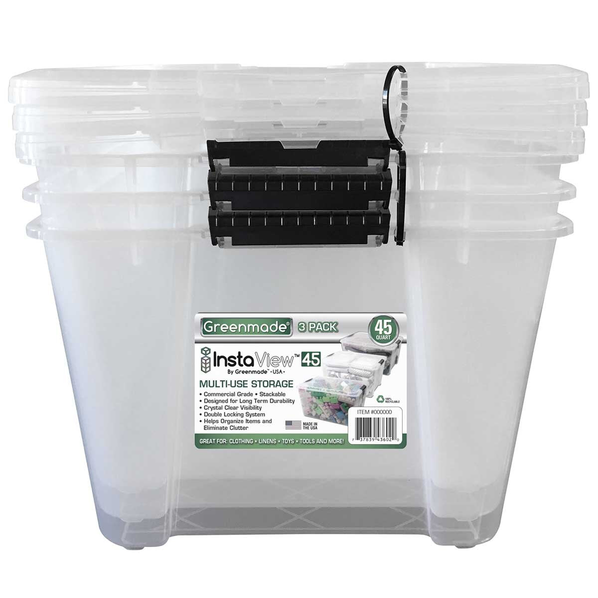 Greenmade InstaView 43L Multi-Use Storage Bin 3 Pack - Stackable with Clip Lock Handles, Crystal Clear Visibility, 100% Polypropylene