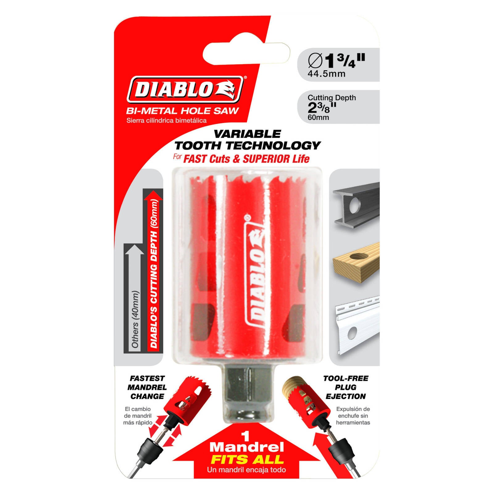 Diablo 44.5mm Bi-Metal Hole Saw 60mm Depth for Wood, Steel & Plastic