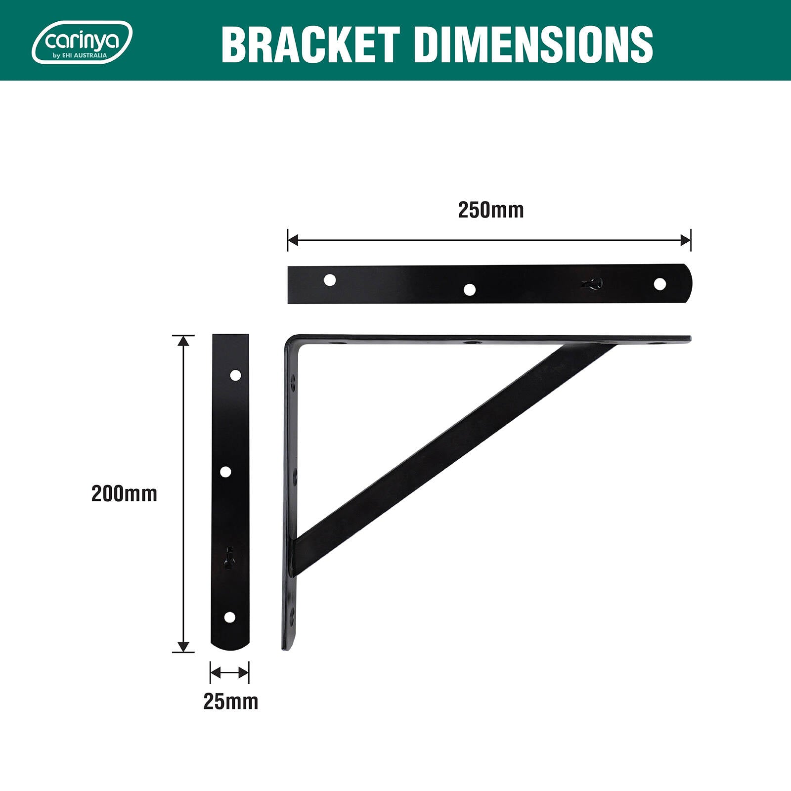 Carinya 250 x 200mm Black Heavy Duty Straight Stayed Bracket, Powder Coated Steel, 175kg