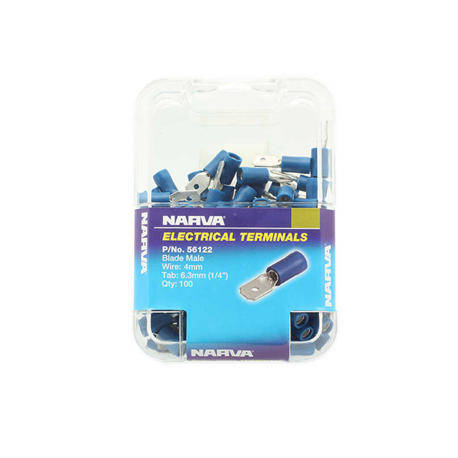 Narva Male Blade Terminal 4mm 6.3x0.8mm Blue Flared Vinyl 100 Pack - SuperSaverAU - view 1
