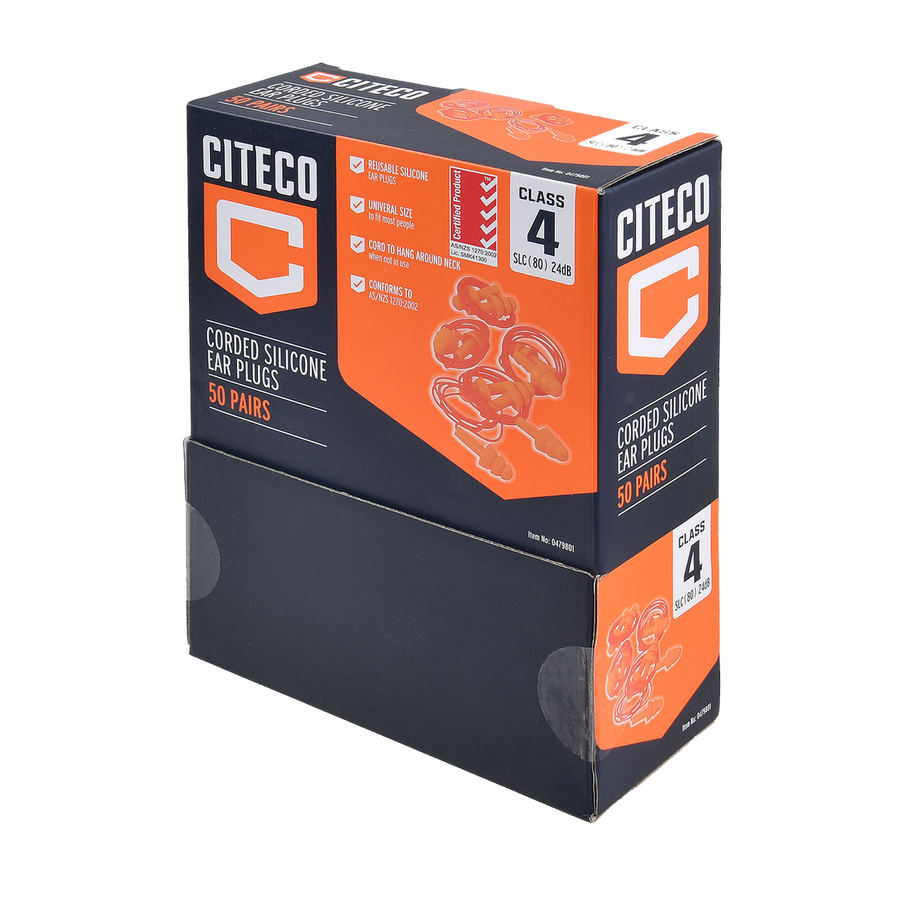Citeco Class 4 Corded Silicone Ear Plugs 50 Pairs - Reusable - 400mm x 20mm x 40mm - SuperSaverAU - view 1