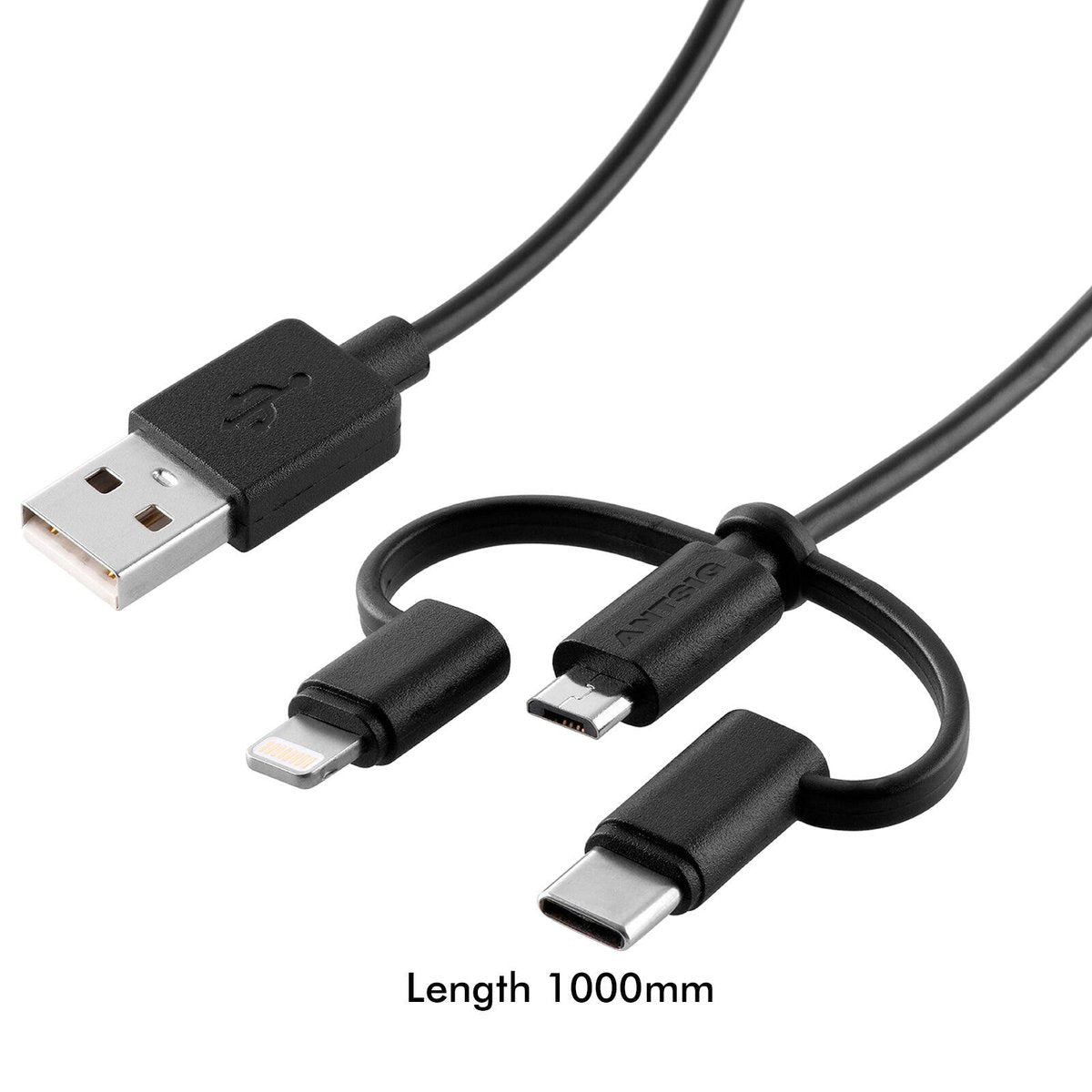 Antsig 1m 3 in 1 USB Cable - Versatile Charging - USB-A, Micro-USB, Lightning, USB-C - SuperSaverAU - view 5