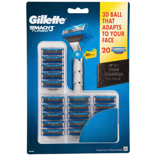 Gillette Mach3 Turbo 20 Count Cartridges - Closer Shave, Long Lasting Lubrication, Skin Guard Fins