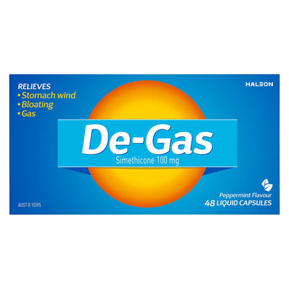 De-Gas 48 Liquid Capsules for Stomach Wind, Bloating, Gas - Simethicone 100mg