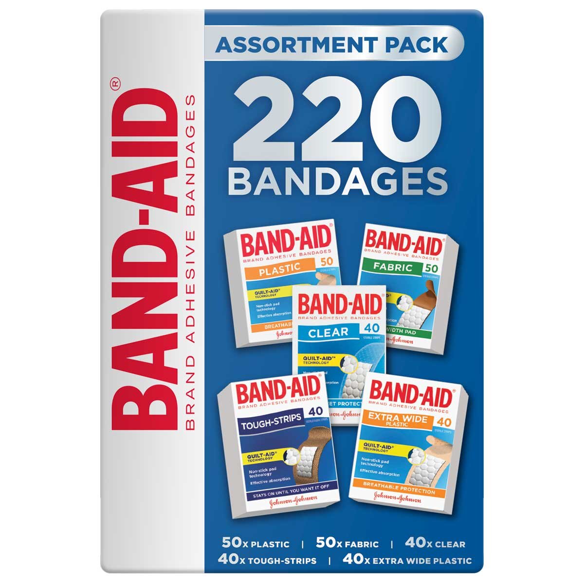 Band-Aid Assortment 220 Pack - Plastic, Extra Wide, Fabric, Tough, Clear Strips with Quilt-Aid Technology - SuperSaverAU - view 1