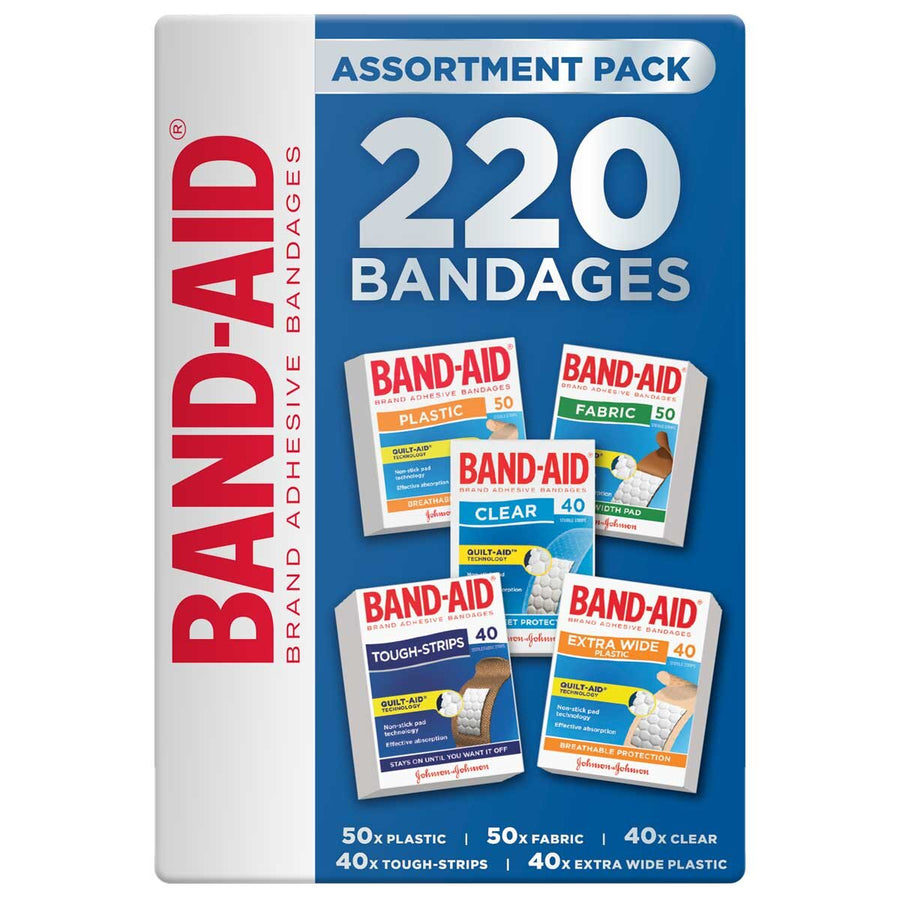 Band-Aid Assortment 220 Pack - Plastic, Extra Wide, Fabric, Tough, Clear Strips with Quilt-Aid Technology - SuperSaverAU - view 1