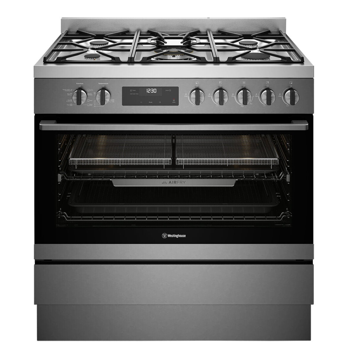 Westinghouse 90cm Dual Fuel Freestanding Cooker - Dark Stainless Steel, AirFry, Wok Burner - WFE9516DD