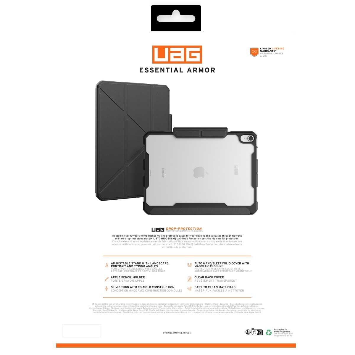 UAG Essential Armor Apple iPad Air M2 6th Gen Rugged Case Black 124474114040 - Auto-Wake/Sleep Folio, Military-Grade Drop Protection, Apple Pencil Storage, Tactical Grip