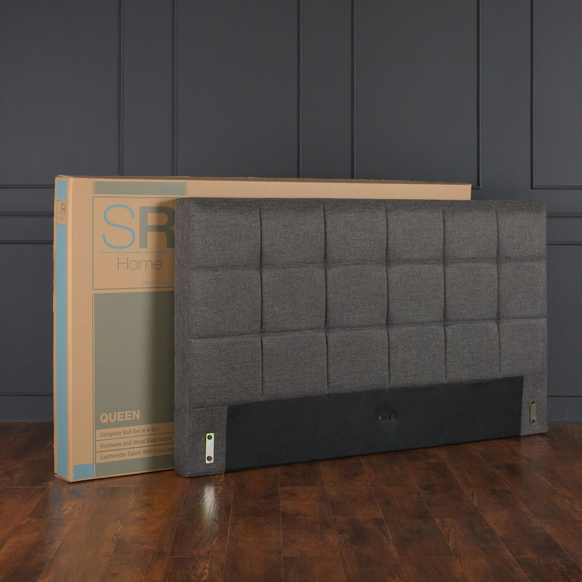 Zinus Lottie Deluxe queen upholstered bed frame - dark grey, slatted support, padded headboard - AU-FSPB-Q