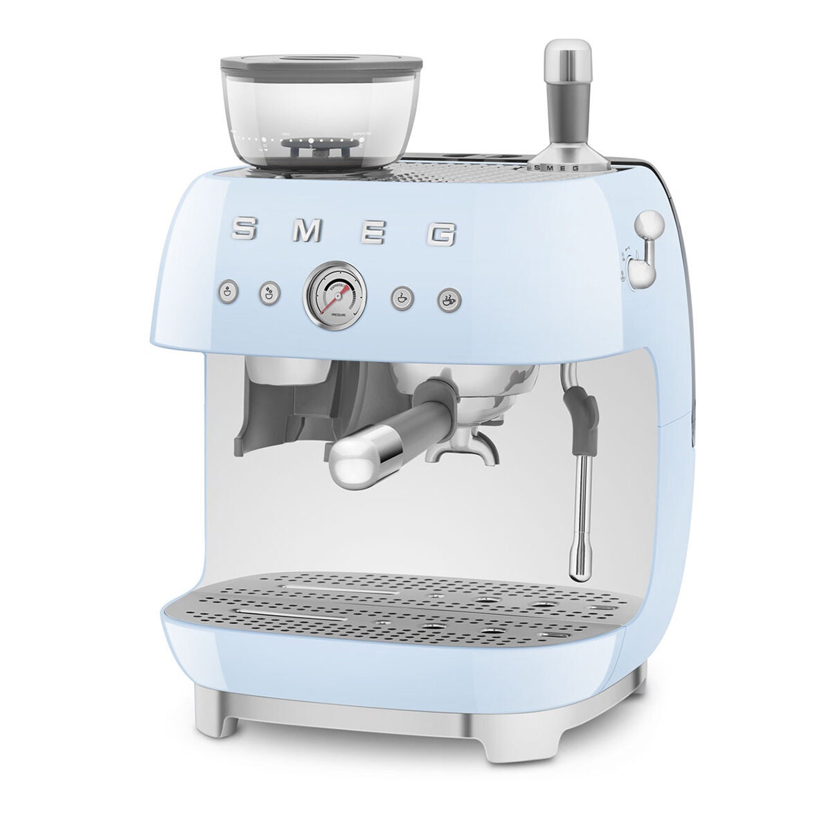 Smeg 50s Style Espresso Machine with Built-in Grinder - 20 Bar, Dual Thermoblock, Pastel Blue - EGF03PBAU