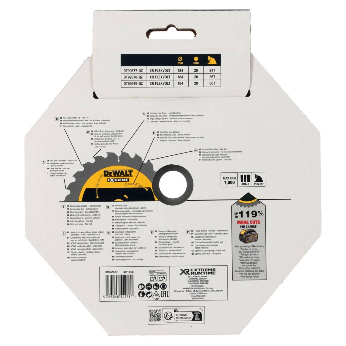 Dewalt 184mm 24t XR Circular Saw Blade - DT99577-QZ - 20mm Bore