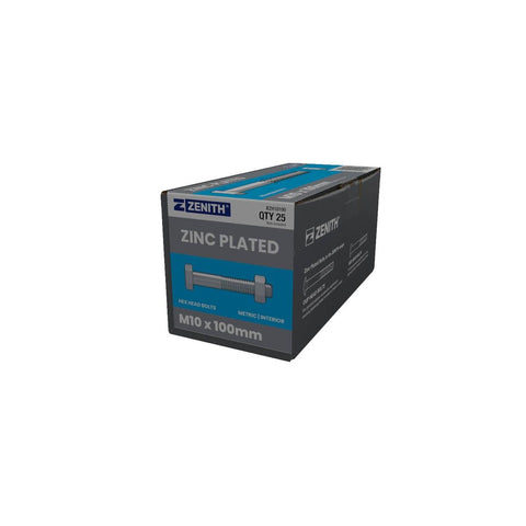 Zenith M10 x 100mm Zinc Plated Hex Head Bolts and Nuts 25 Pack - Durable Fastening Solutions - SuperSaverAU - view 1