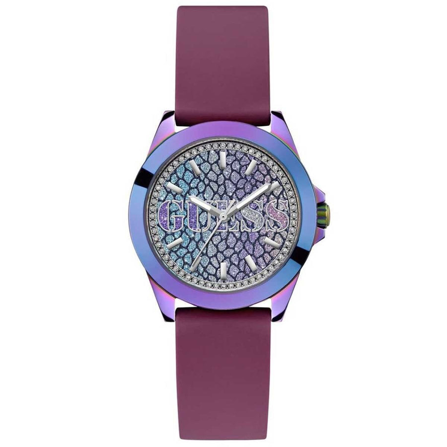 GUESS Menagerie Iridescent Analog Women's Watch GW0749L3 - 36mm Iridescent Case, Plum Silicone Strap, Python Digital Print Dial - SuperSaverAU - view 1