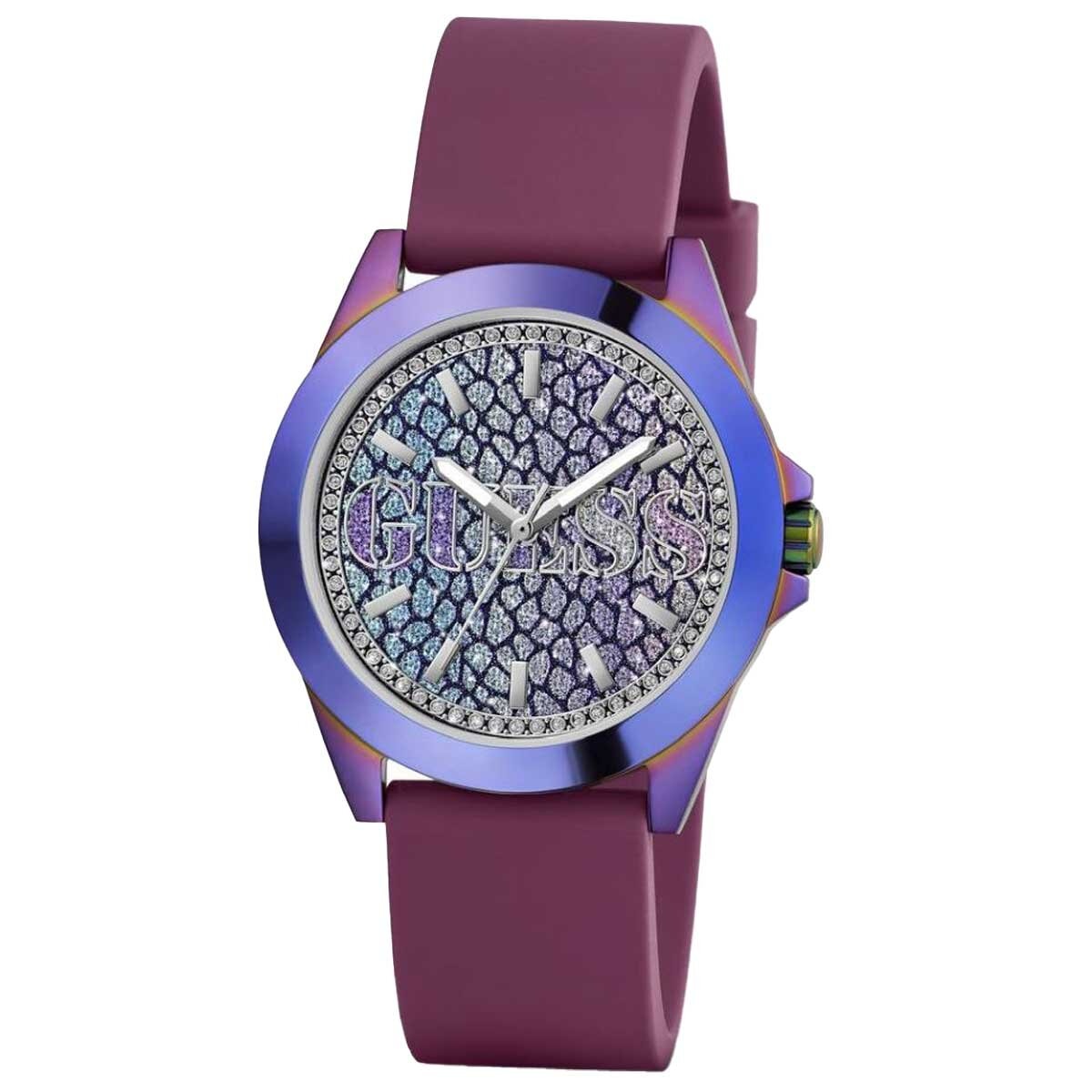GUESS Menagerie Iridescent Analog Women's Watch GW0749L3 - 36mm Iridescent Case, Plum Silicone Strap, Python Digital Print Dial