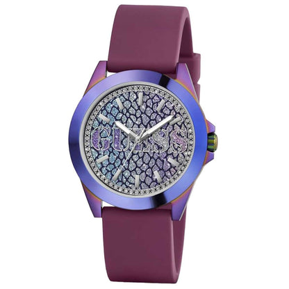 GUESS Menagerie Iridescent Analog Women's Watch GW0749L3 - 36mm Iridescent Case, Plum Silicone Strap, Python Digital Print Dial