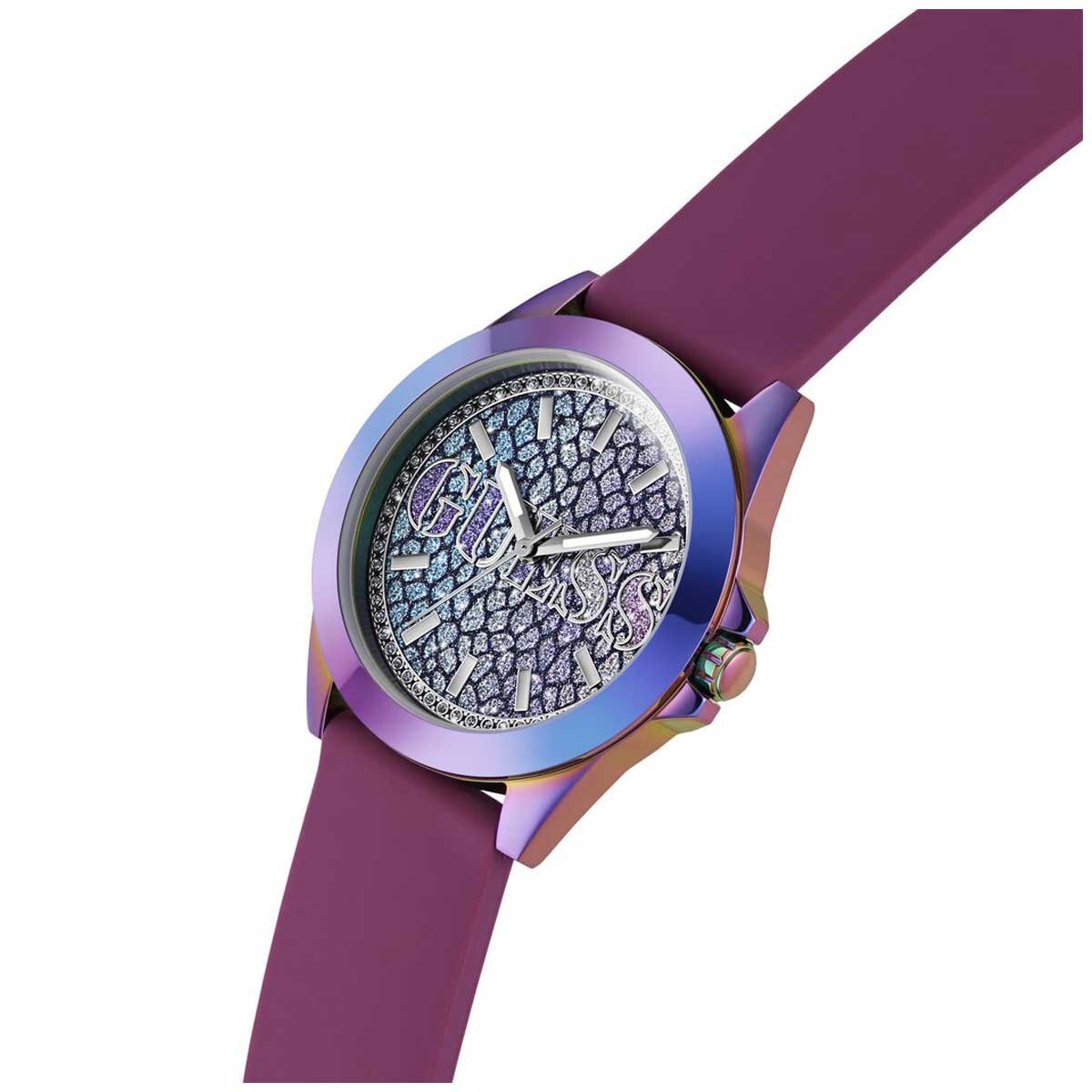 GUESS Menagerie Iridescent Analog Women's Watch GW0749L3 - 36mm Iridescent Case, Plum Silicone Strap, Python Digital Print Dial