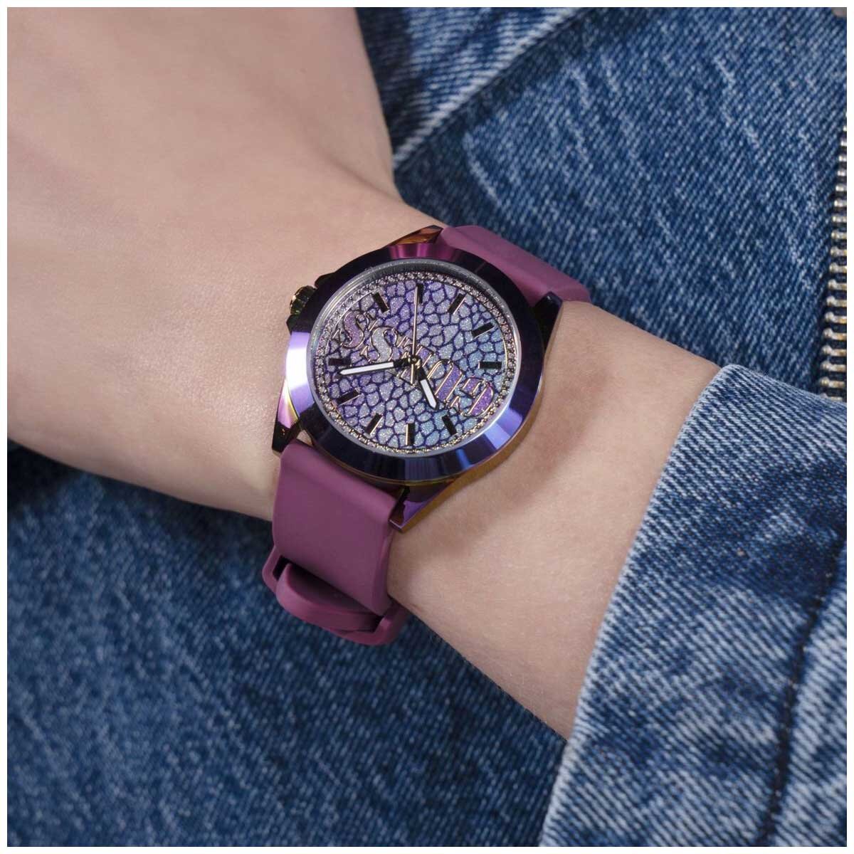 GUESS Menagerie Iridescent Analog Women's Watch GW0749L3 - 36mm Iridescent Case, Plum Silicone Strap, Python Digital Print Dial
