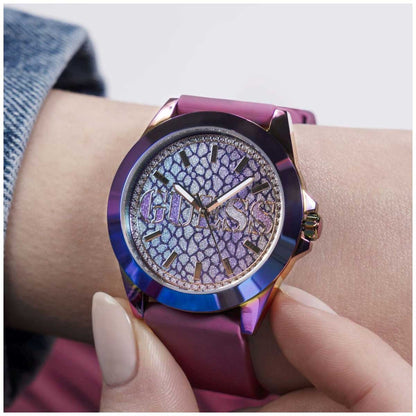 GUESS Menagerie Iridescent Analog Women's Watch GW0749L3 - 36mm Iridescent Case, Plum Silicone Strap, Python Digital Print Dial