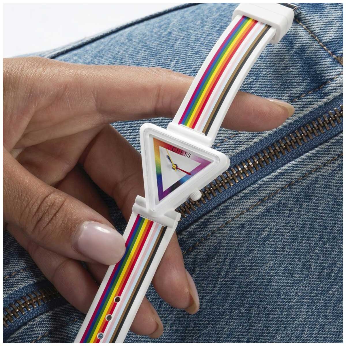 GUESS Women's Watch GW0679L1 White Rainbow Dial Nylon Case Silicone Strap