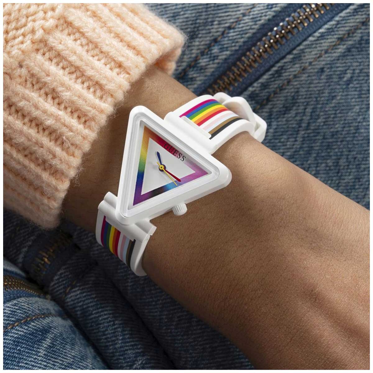 GUESS Women's Watch GW0679L1 White Rainbow Dial Nylon Case Silicone Strap