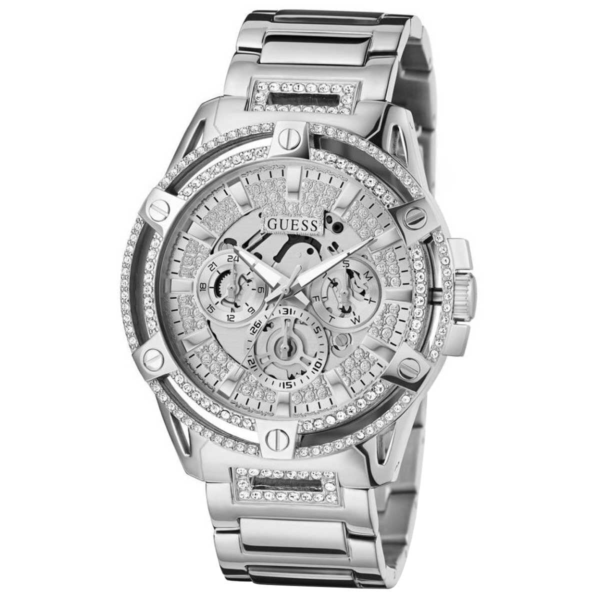 GUESS King Stainless Steel Multifunction Men's Watch GW0497G1 - 48mm Silver Tone, Crystals Bezel, Analogue Dial