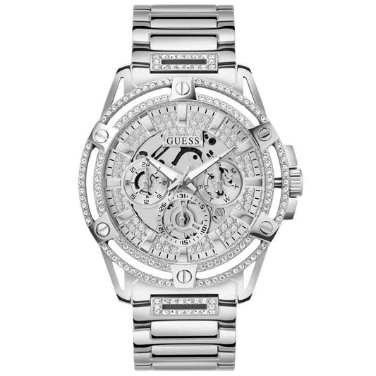 GUESS King Stainless Steel Multifunction Men's Watch GW0497G1 - 48mm Silver Tone, Crystals Bezel, Analogue Dial